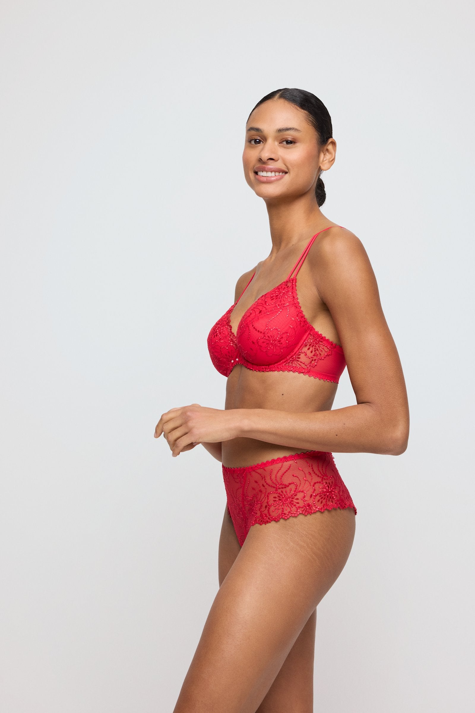 Marie Jo Jane Luxury Thong styled on model in True Red