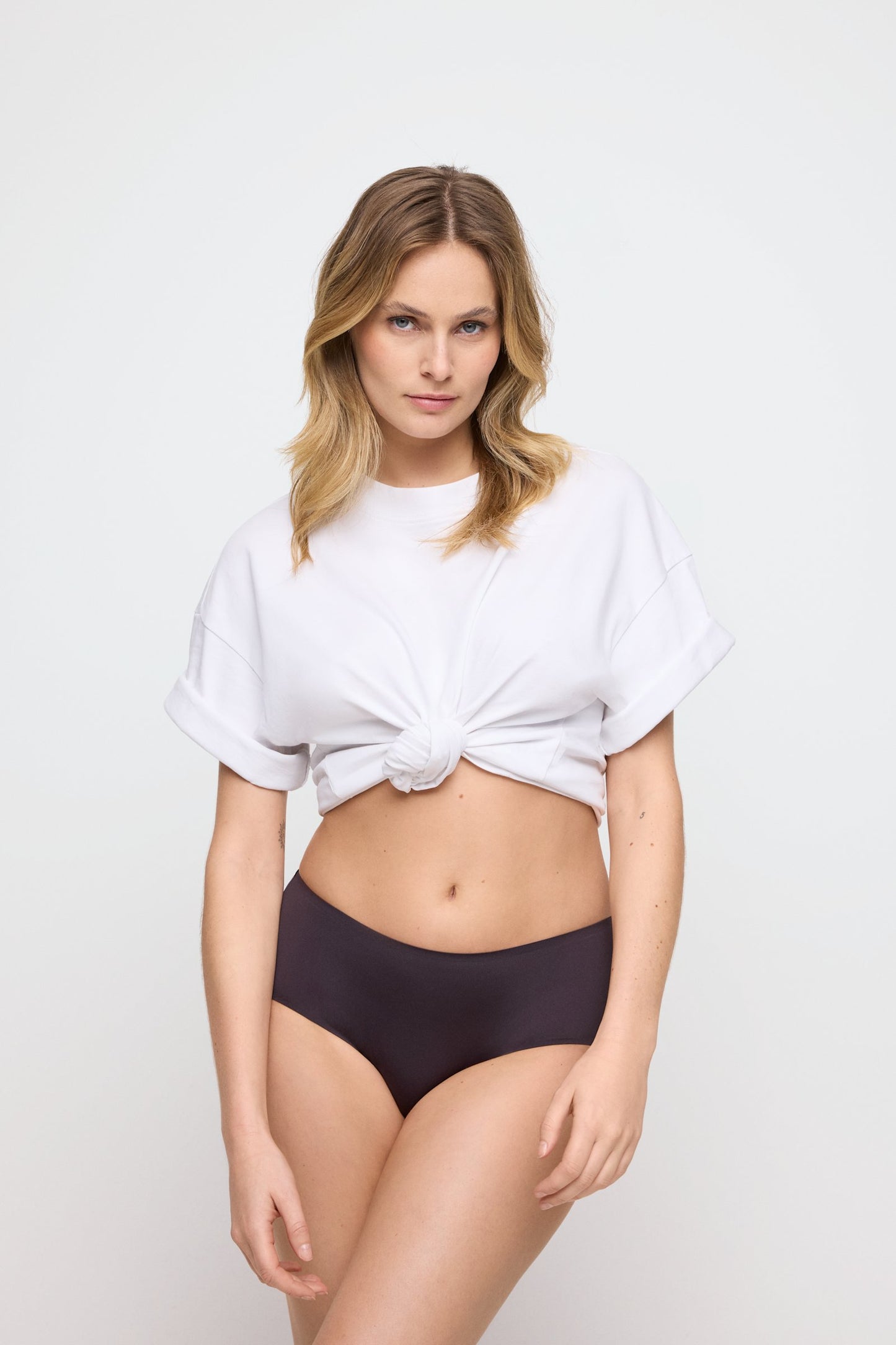 Marie Jo Color Studio Brief styled on model in Sweet Chocolate