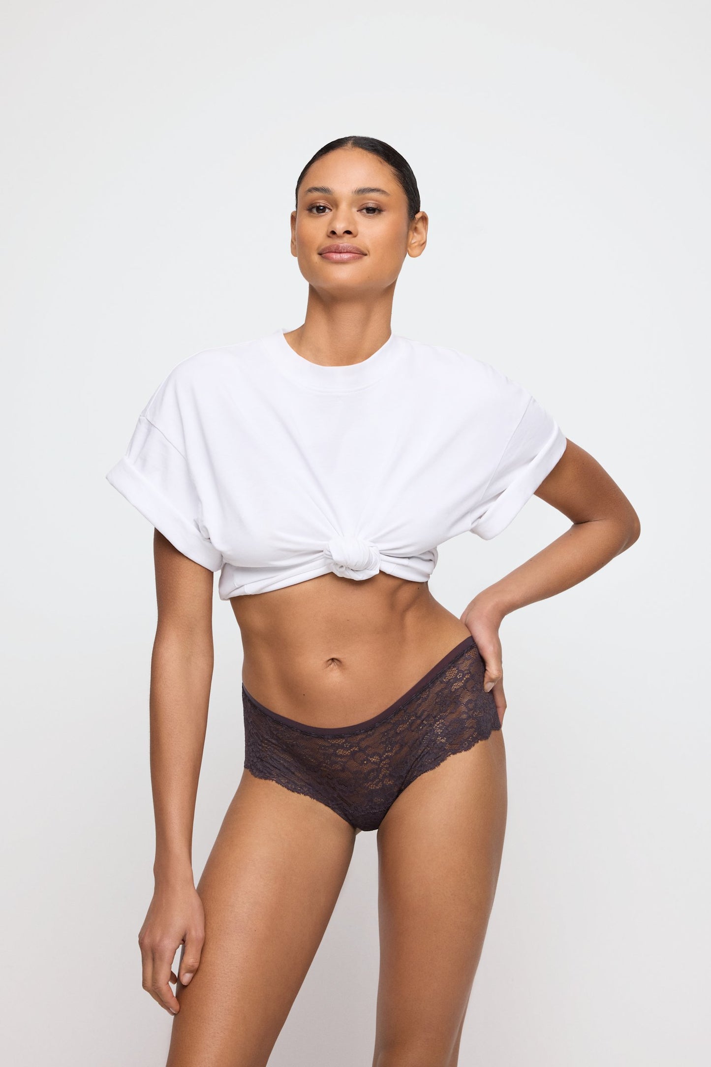 Marie Jo Color Studio Brief styled on model in Sweet Chocolate