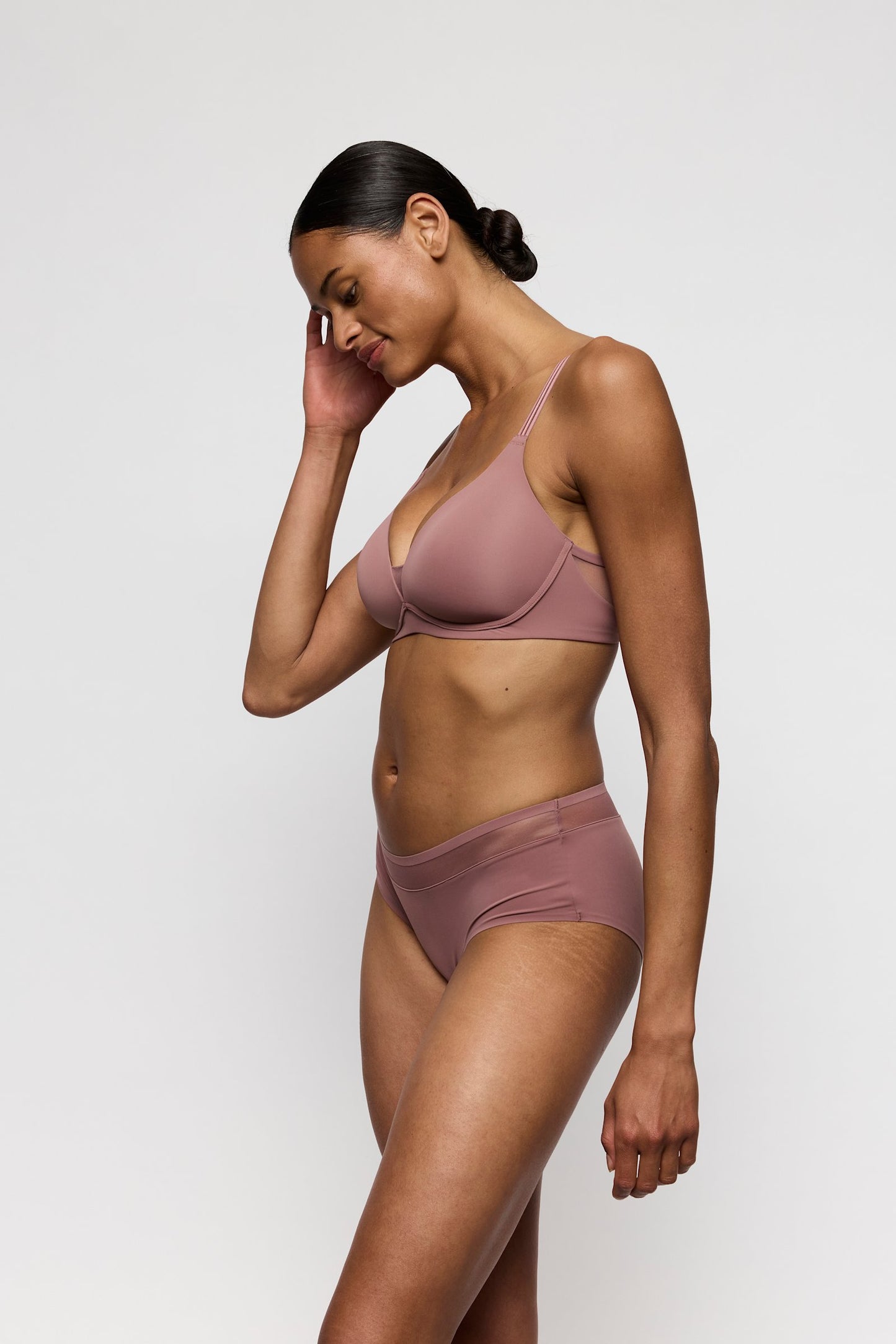 Marie Jo Louie Hotpant styled on model in Satin Taupe