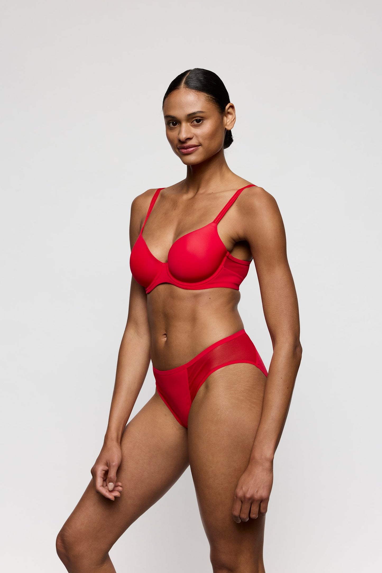 Marie Jo Louie Spacer Bra styled on model in True Red