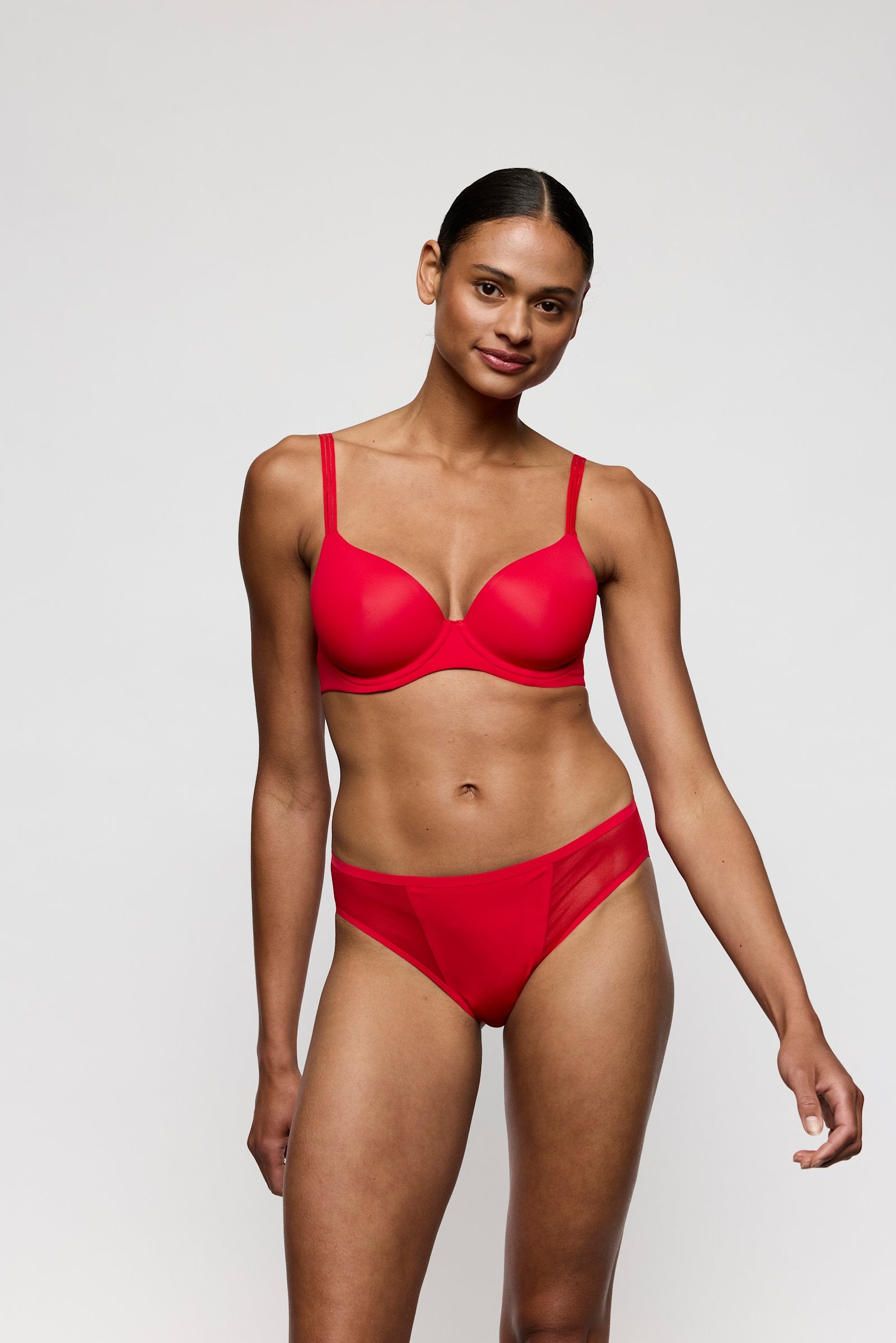 Marie Jo Louie Spacer Bra styled on model in True Red