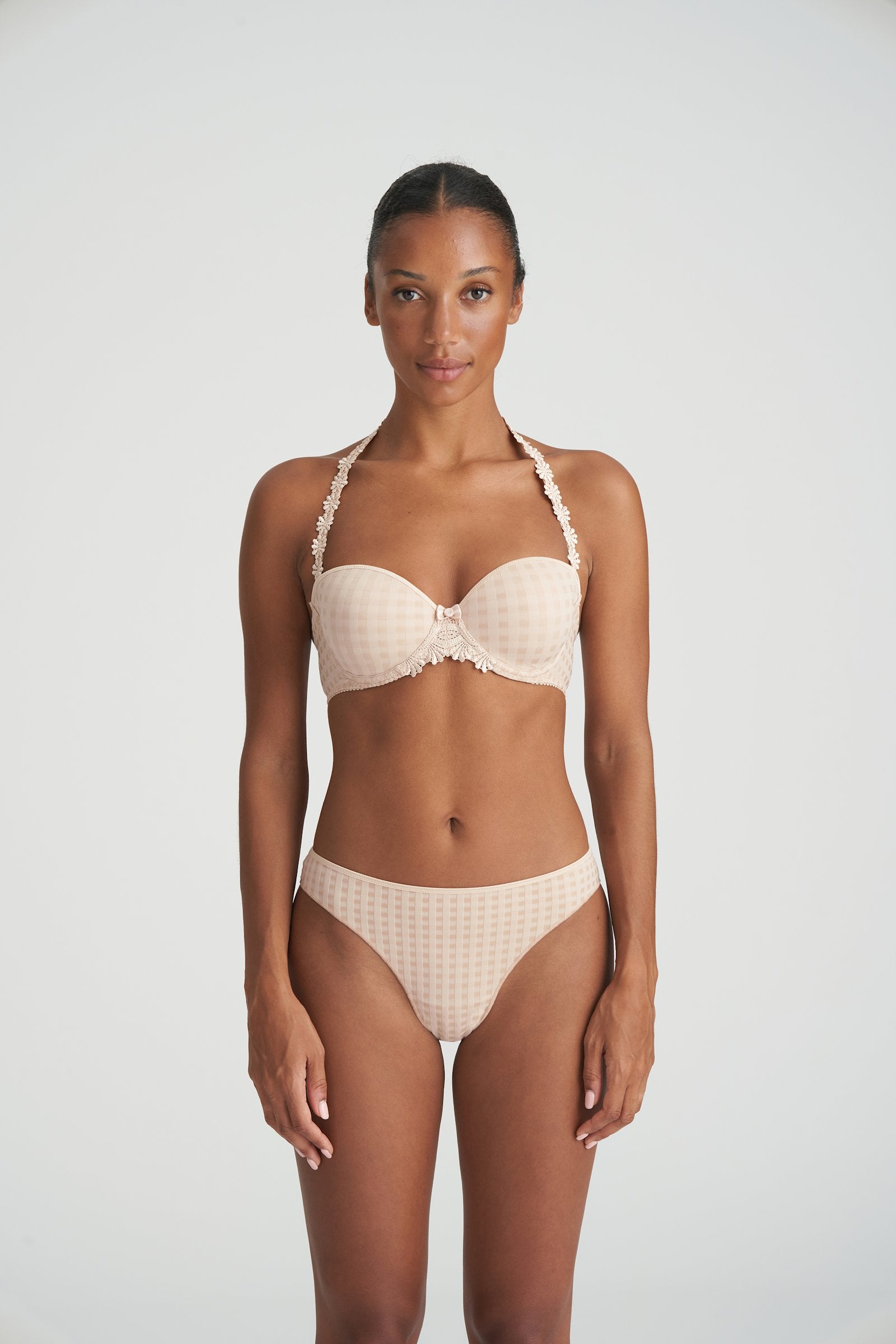 Marie Jo Avero Strapless Bra styled on model in Caffé Latte