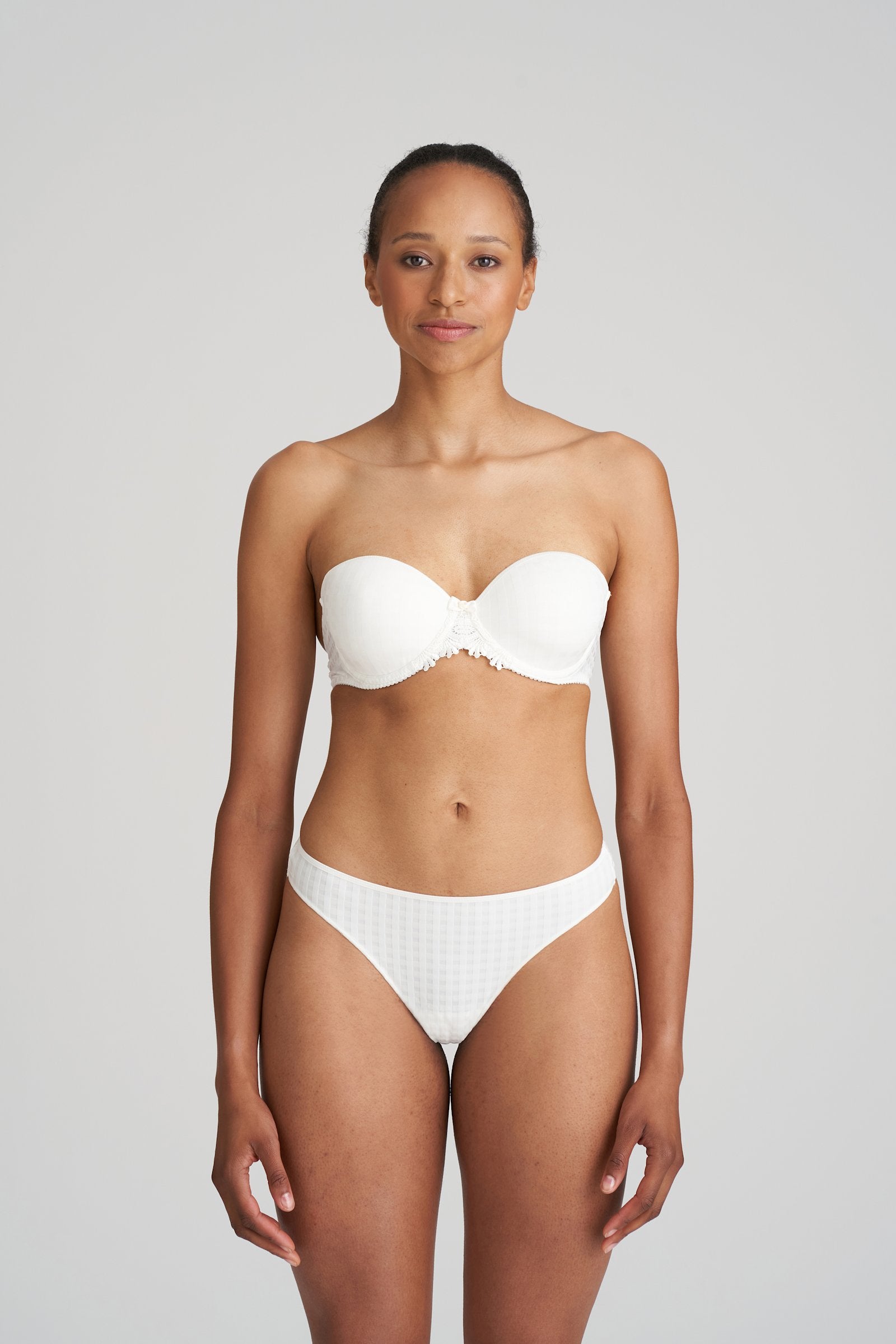 Marie Jo Avero Strapless Bra styled on model in Natural