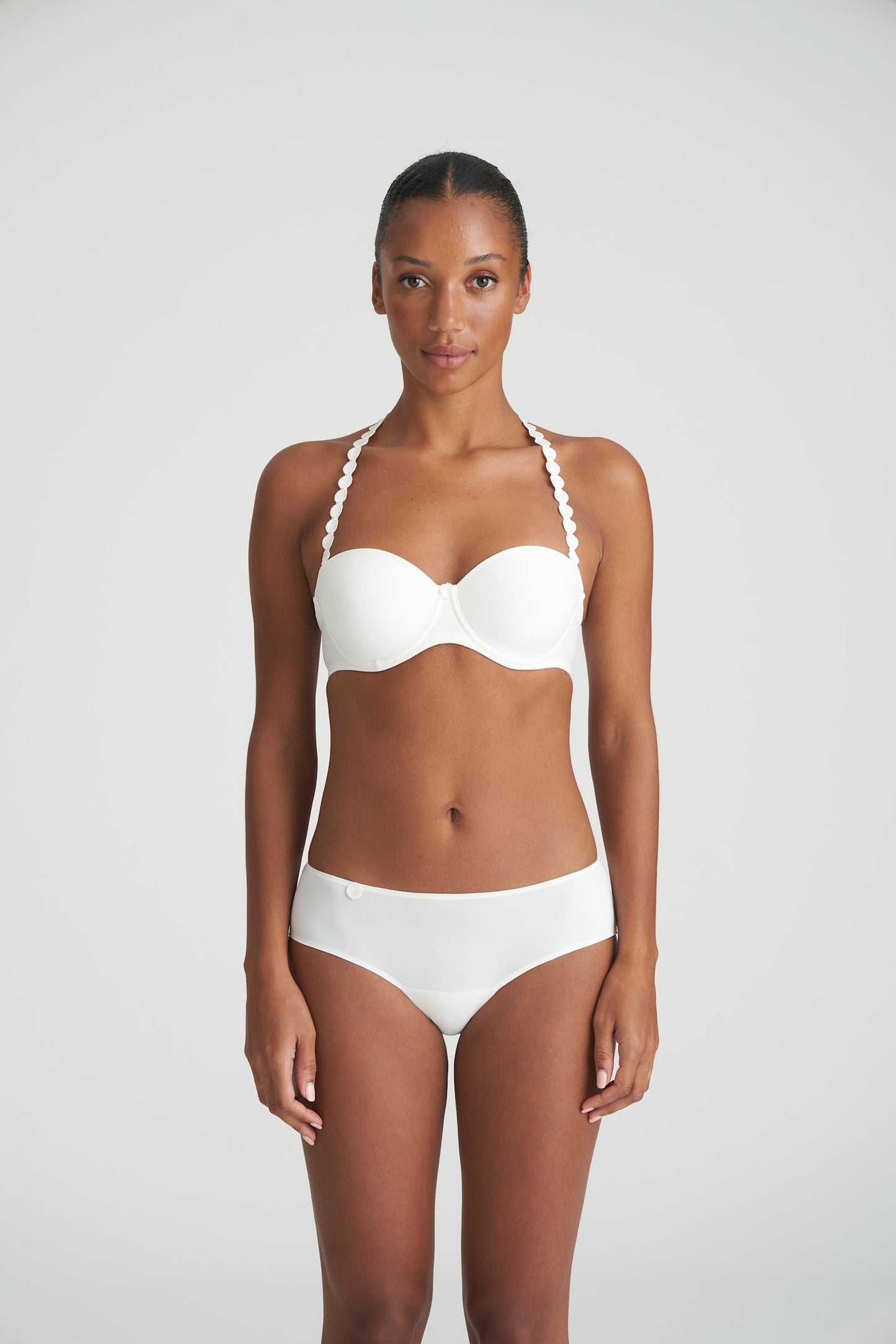 Marie Jo Tom Strapless Bra styled on model in Natural
