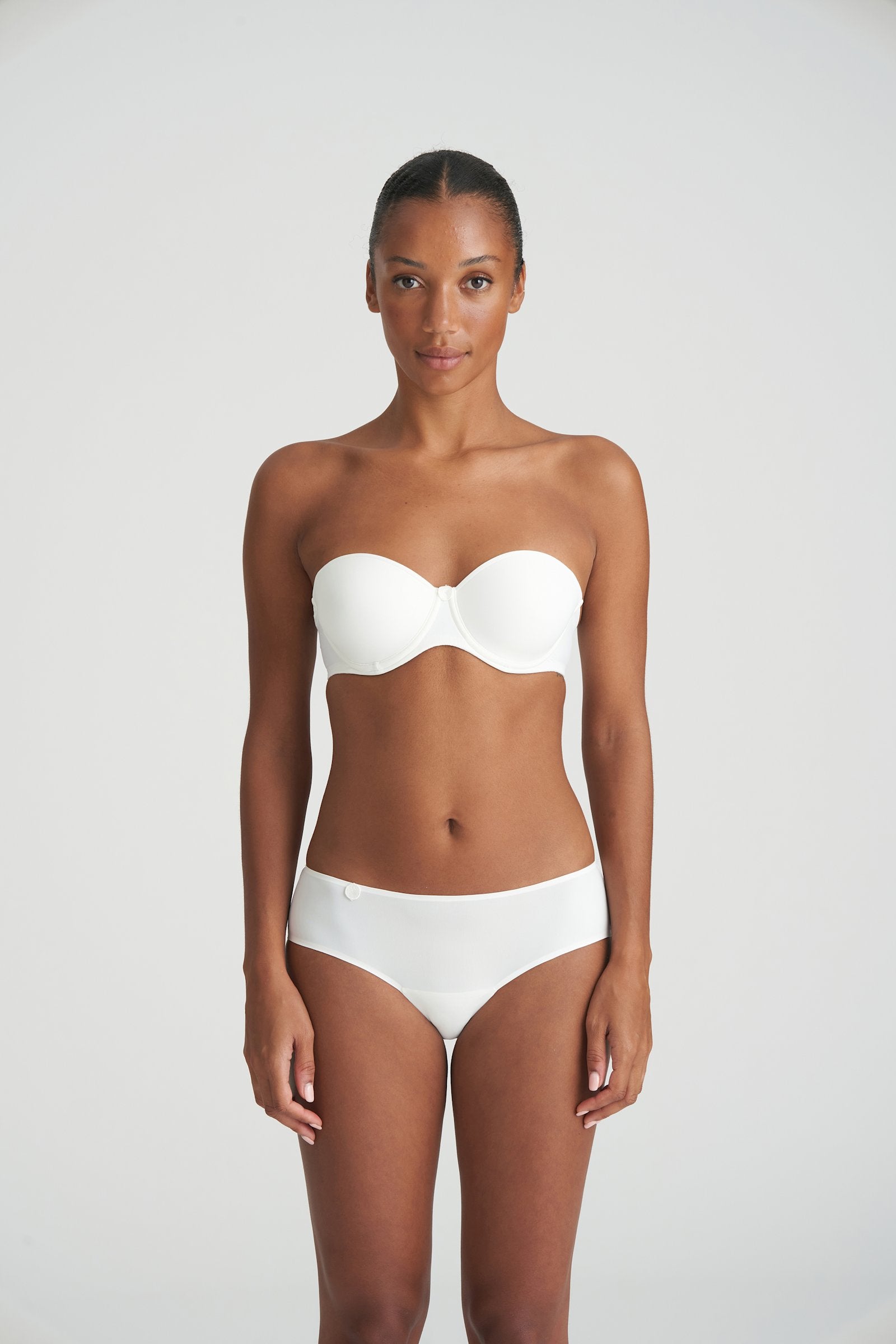 Marie Jo Tom Strapless Bra styled on model in Natural