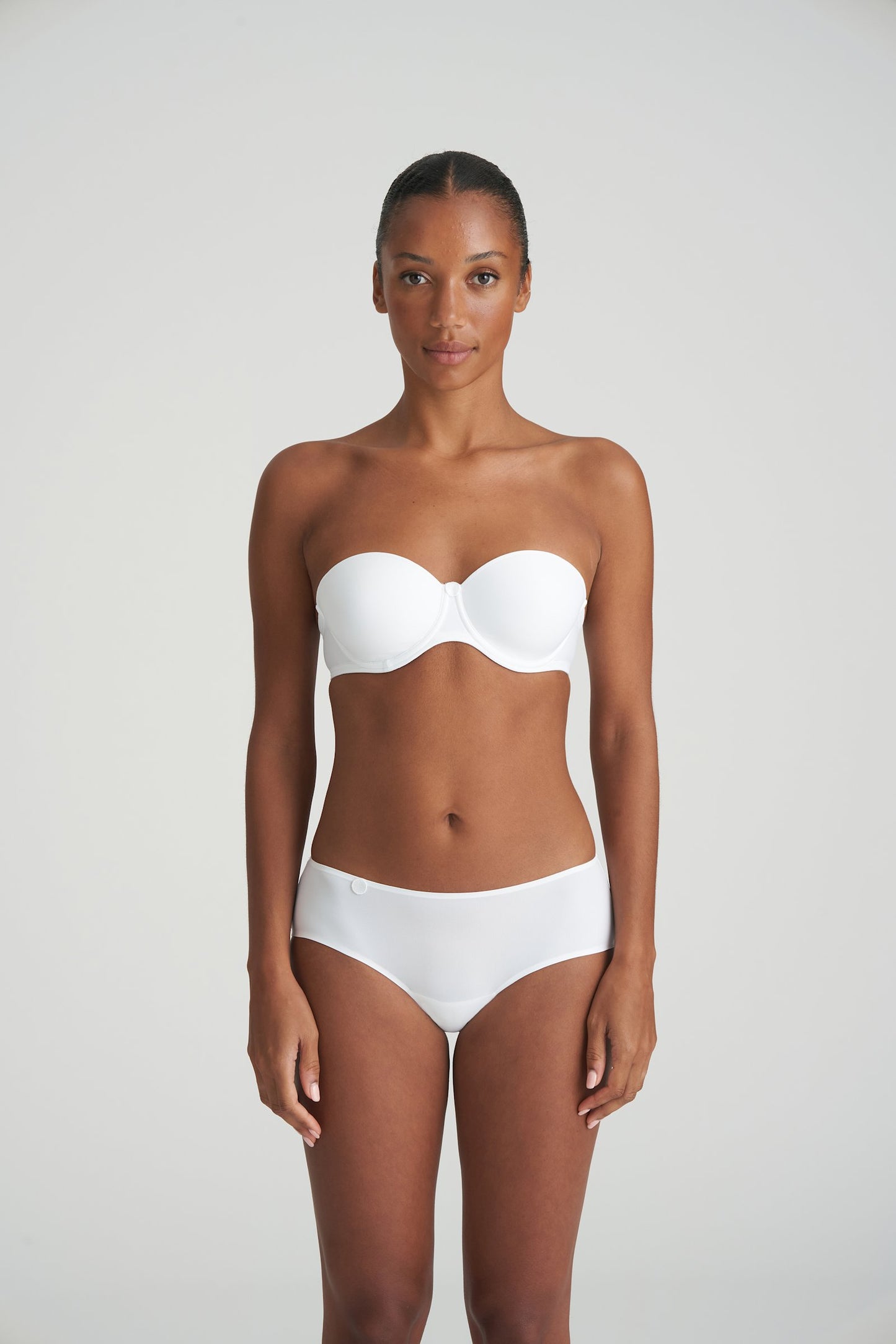Marie Jo Tom Strapless Bra styled on model in White