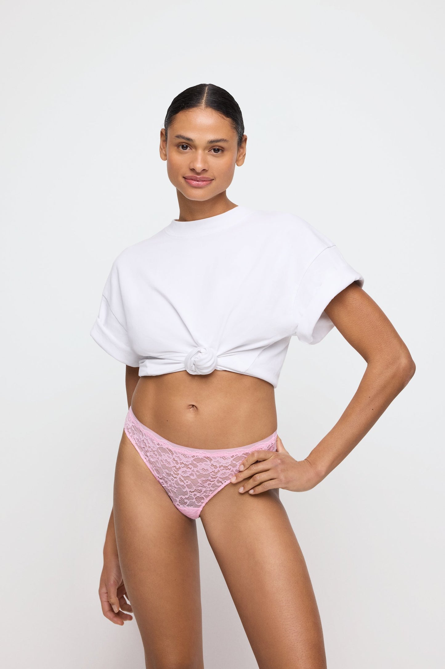 Marie Jo Color Studio Thong styled on model in Lily Rose