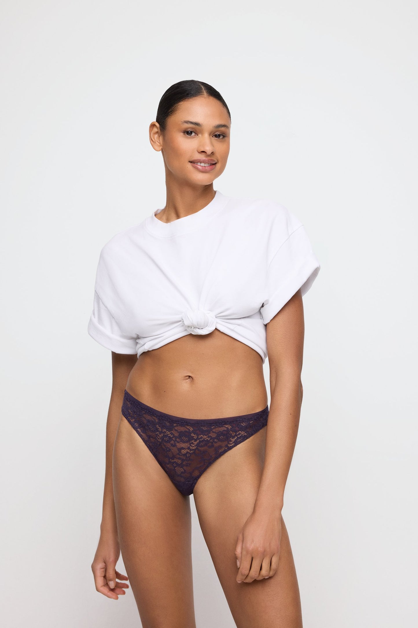 Marie Jo Color Studio Thong styled on model in Amethyst