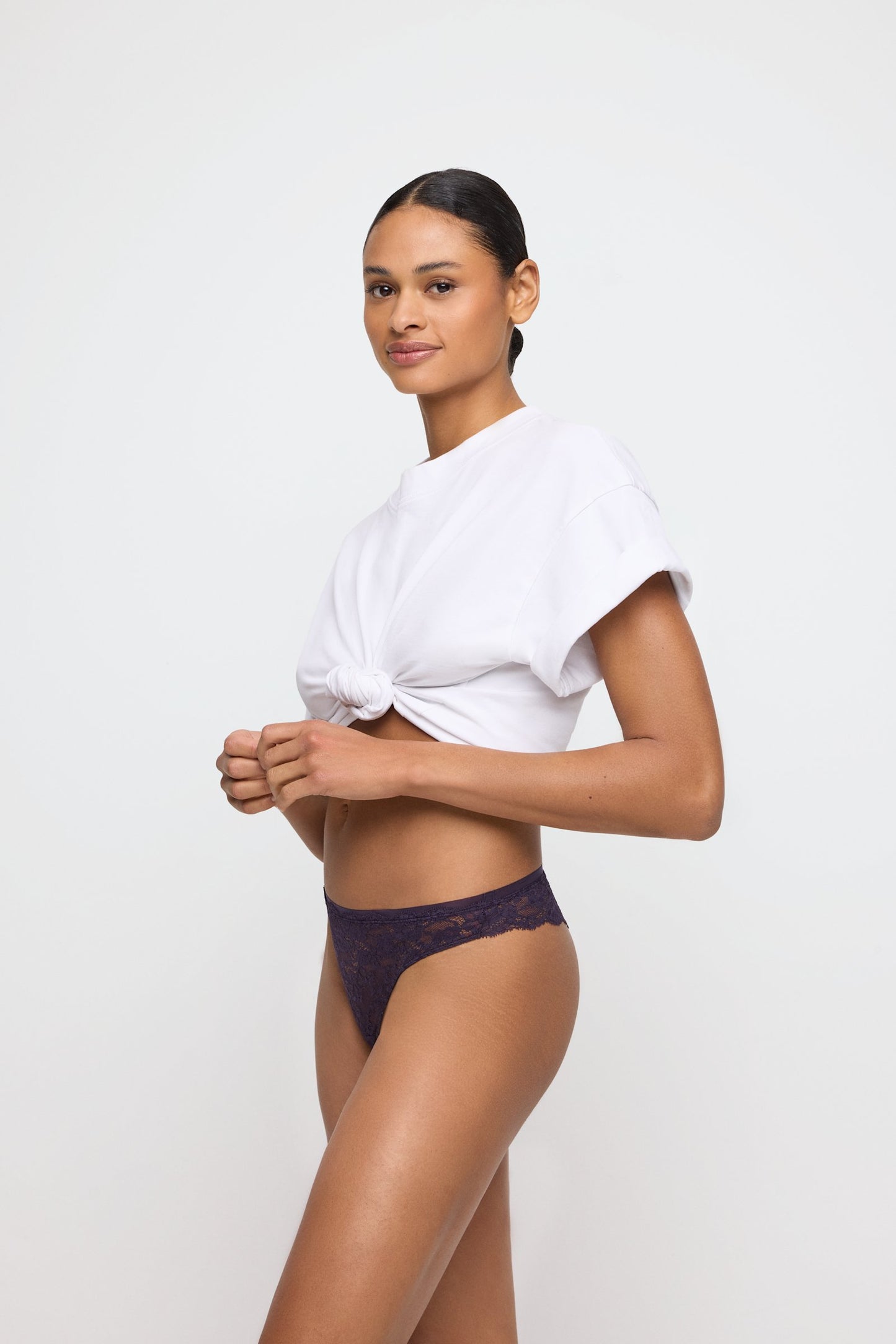 Marie Jo Color Studio Thong styled on model in Amethyst
