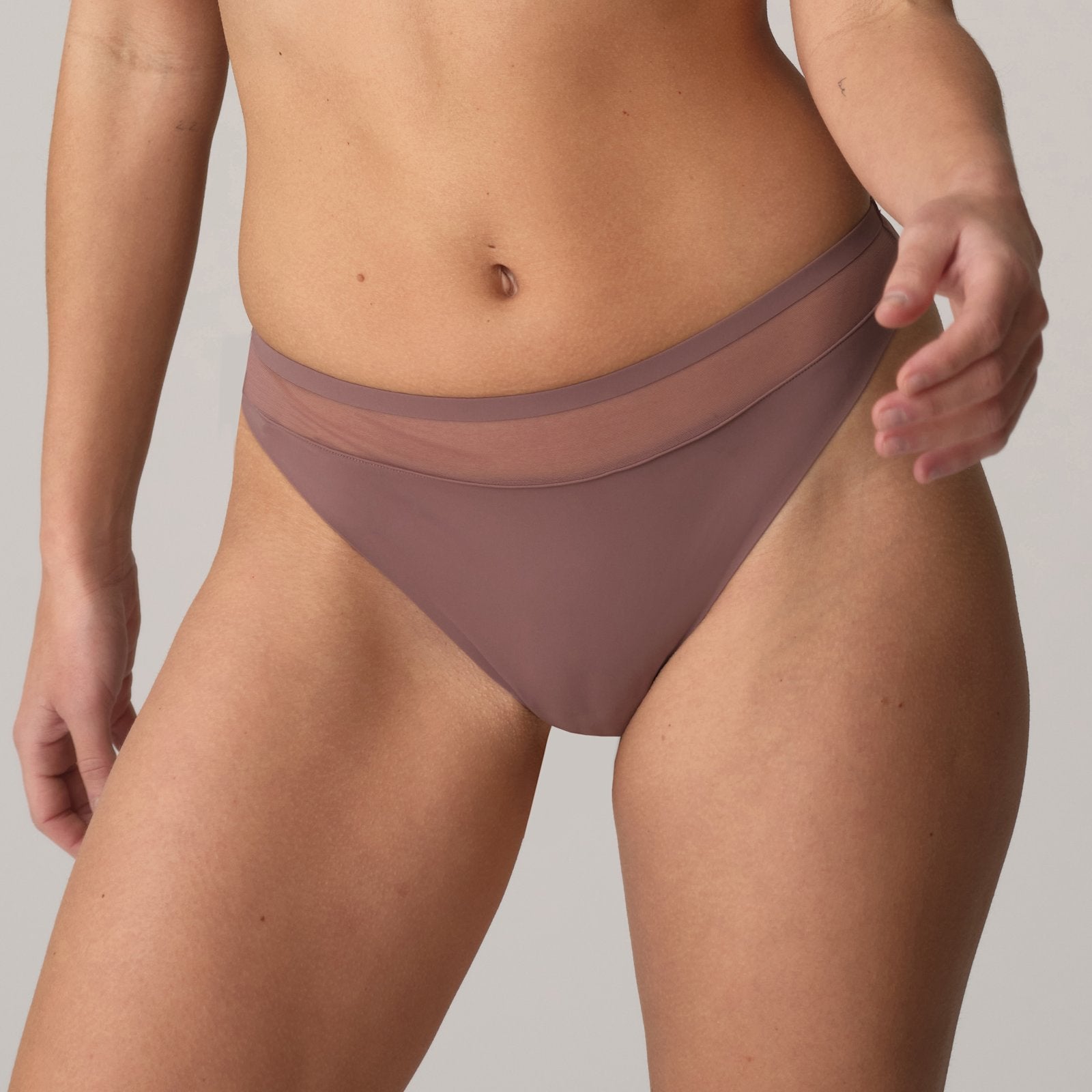 Marie Jo Louie Thong front view in Satin Taupe