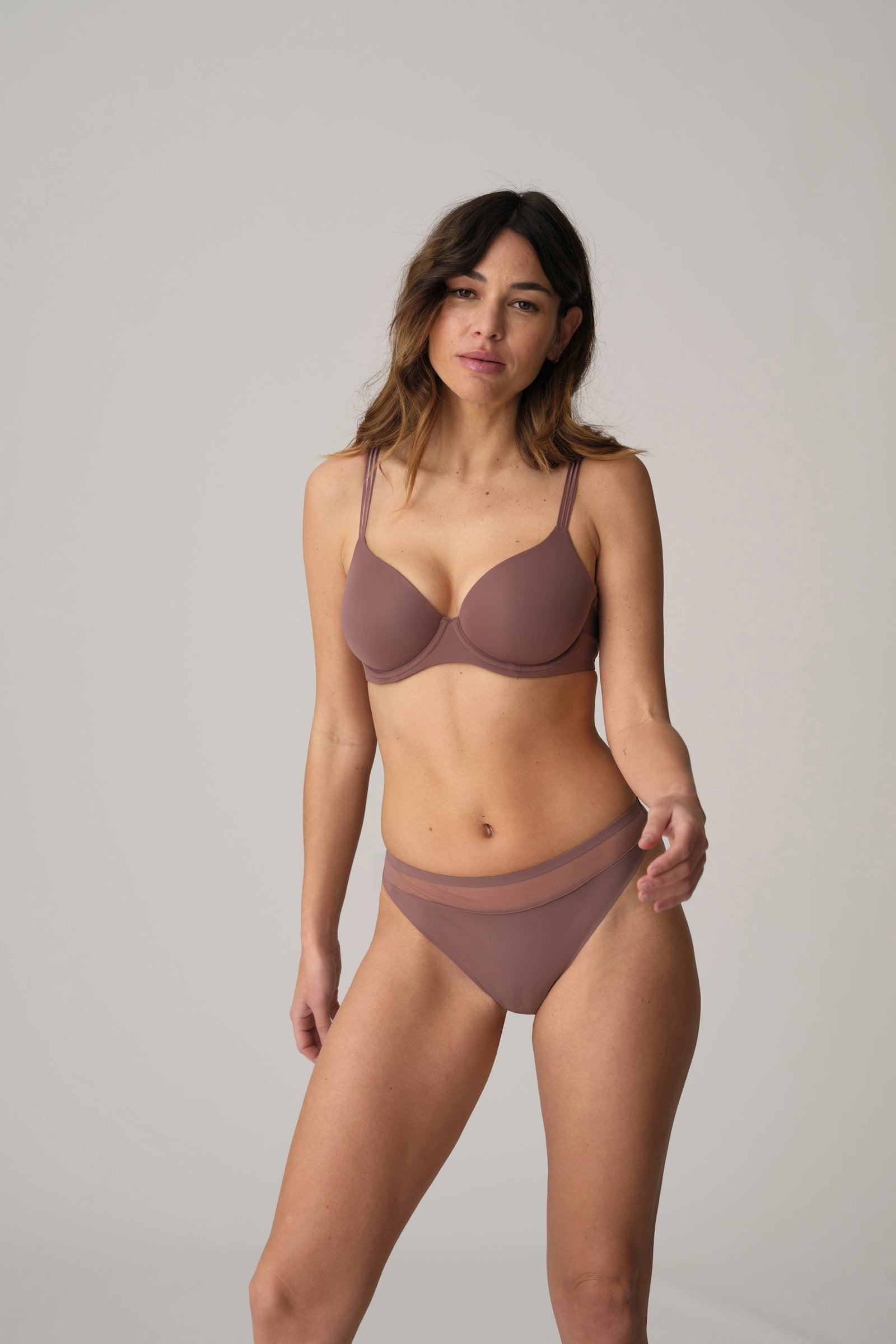Marie Jo Louie Thong styled on model in Satin Taupe