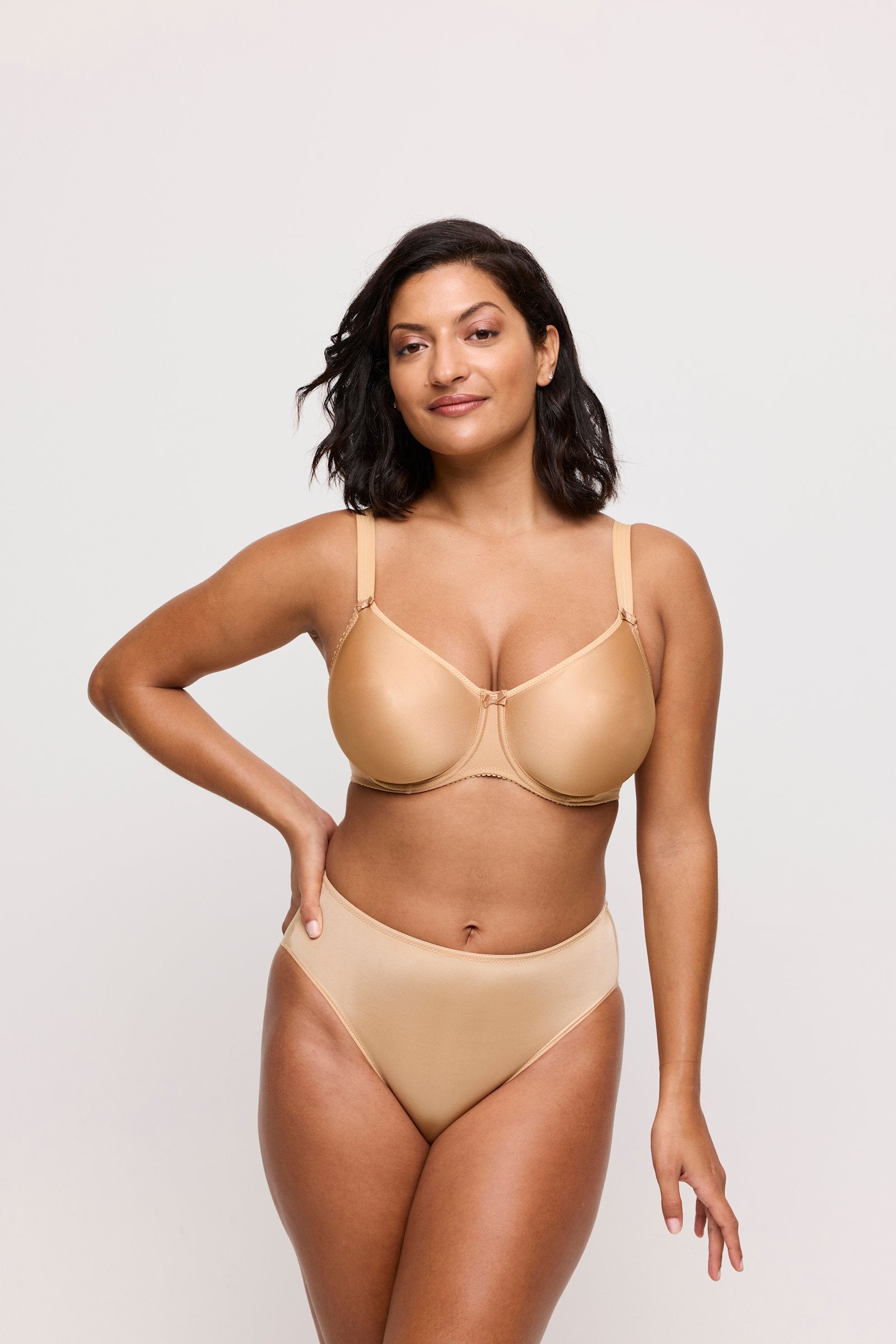 PrimaDonna Satin Padded Full Cup Bra on model in Cognac