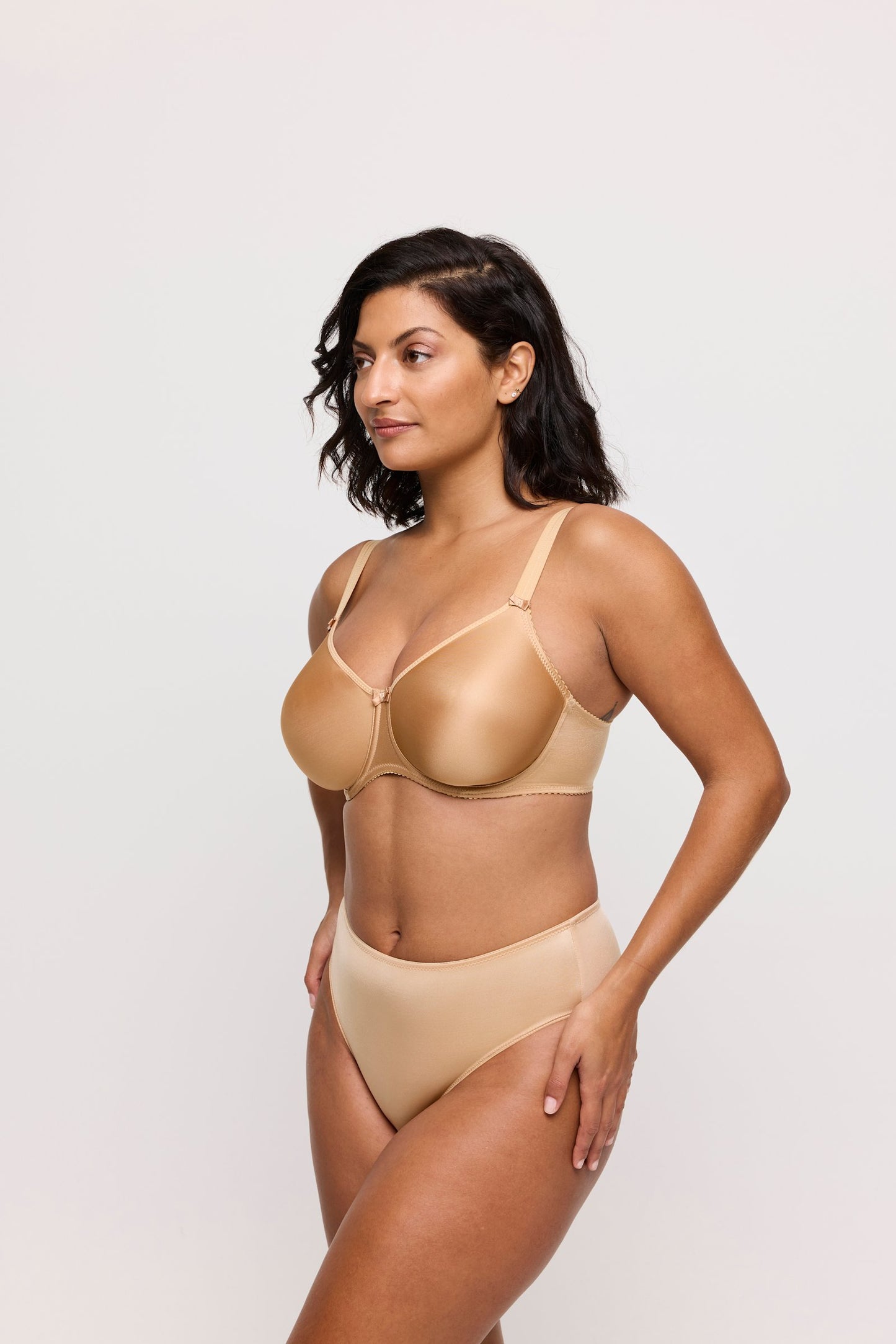 PrimaDonna Satin Padded Full Cup Bra on model in Cognac