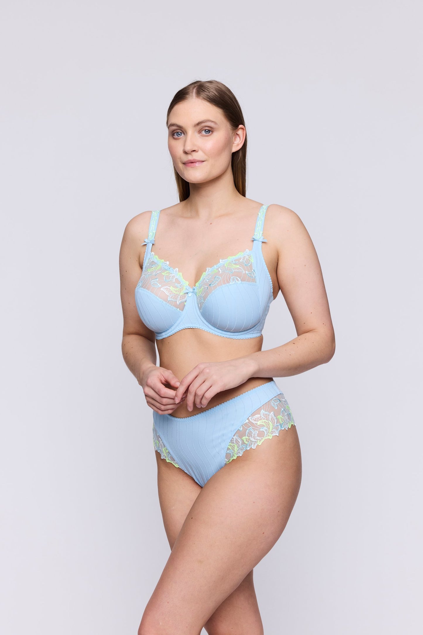 PrimaDonna Deauville Luxury Thong on model in Milky Blue