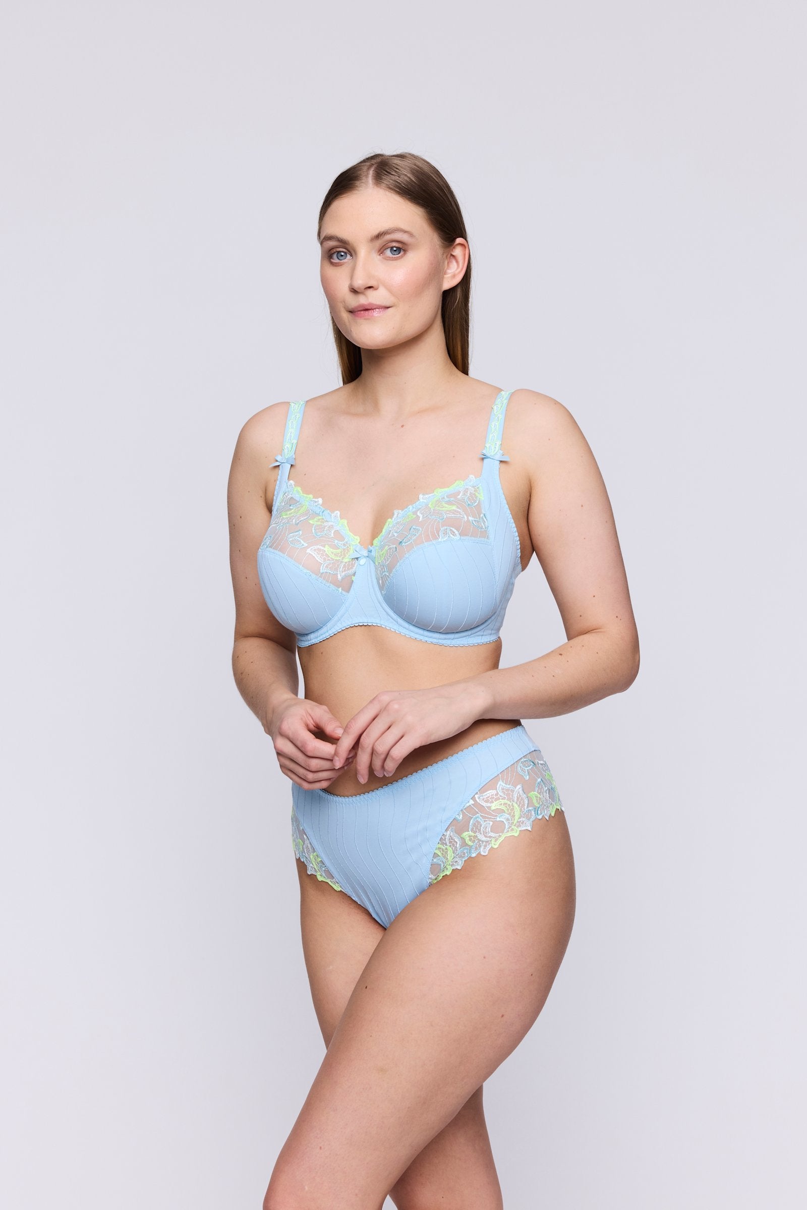 PrimaDonna Deauville Luxury Thong on model in Milky Blue